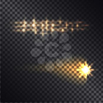 Falling fiery comet and distant shining stars realistic light effects on transparent background. Flashes and blinding star vector illustrations for science or magic concepts