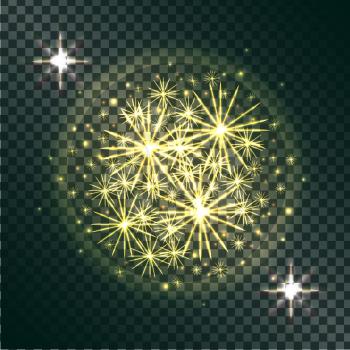Light effects of burning sparklers in radiant circle with yellow glitter on dark transparent background vector illustration.