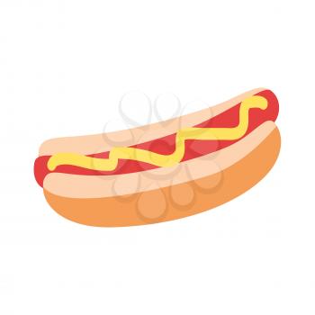 Hot dog with yellow mustard graphic flat design isolated on white. Classic american fast food for poster, menus, brochure, web and icon fastfood. Vector illustration in cartoon style hand drawn image.
