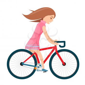 Girl in light summer clothes rides bike isolated on white. Vector illustration of active young female person leading healthy lifestyle.
