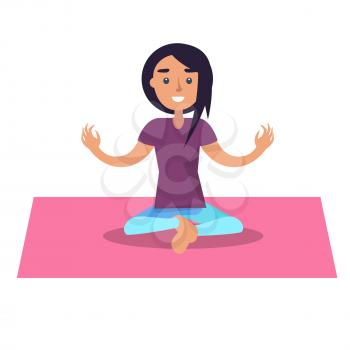 Girl doing yoga sits in lotus position on pink rug isolated on white. Vector illustration of young female person taking care of her health