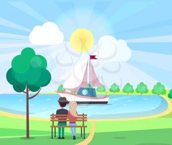 Couple sitting on bench admire floating yacht with white-pink sails on water in park in summertime. Relaxation outdoors in sunny weather vector poster