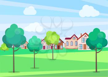 Park trees in summer time with green grass and residential buildings on background. Vector poster of outdoor nature beauty template