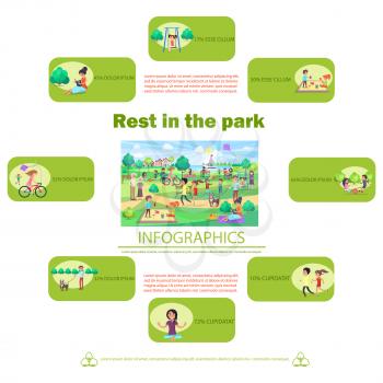 Rest in park vector poster with human activities outdoors infographics poster of small images presenting relaxation in summer time
