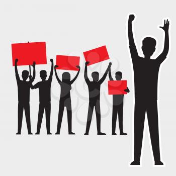 Cartoon adult people silhouettes with red streamers protesting, one goes ahead, people protest isolated vector illustrations on white background.