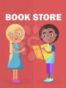Book store banner with little blonde girl standing with small book and afro american boy vector illustration. International World Day of Literacy