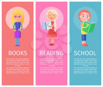 Children books, good reading and and school world book articles with vector illustrations of little children who read with interest.