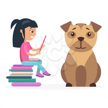 Little girl sits on pile of books and reads from tablet besides huge dog isolated vector illustration on white background.