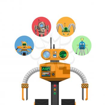 Mechanic robot with electronic indicators, colorful buttons and powerful antennas isolated vector illustration on white background.