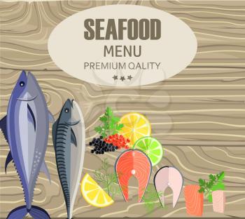 Seafood restaurant menu with fish, lemon slices, red and black caviar and green parsley and dill lying on wooden cutting board vector poster