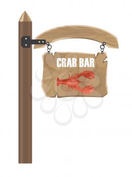 Wooden hanging signboard on grey chains with red crab bar indication isolated on white vector colorful illustration in graphic design.