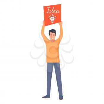 Smiling male holding orange card with white luminous light bulb and word idea. Young manager with new brainchild, vector illustration of startup