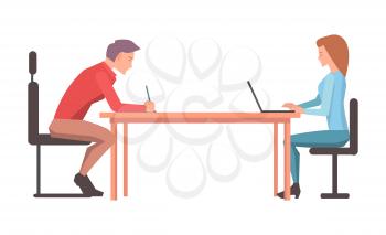 Two cartoon characters sit at table and discuss startup, man writes something down and woman types on computer, isolated on white background. Vector illustration of brainstorm process in office.