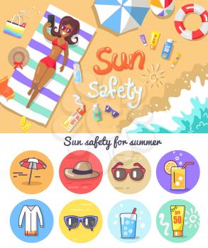 Sun safety for summer vector illustration. Woman on beach with suntan lotions, striped umbrella and life buoy, hat, sunglasses, cold drinks and dress.