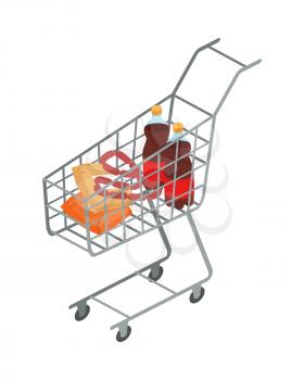 Shopping trolley with daily products isometric projection vector illustration. Supermarket equipment for goods transportation 3d model isolated on white. For e-commerce and online shopping apps icons