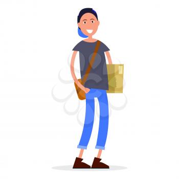 Student in cap with bag over shoulder and paper documents vector illustration isolated on white. Smiling young person in casual cloth