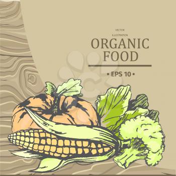 Organic food products graphic vector advertising with fresh vegetables collection on brown background. Healthy eating temple poster