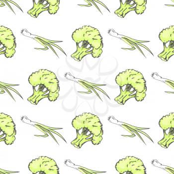 Green organic broccoli and leek bunch vector illustrations formed in endless texture. Delicious healthy vegetables seamless pattern.