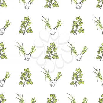 Young green onion and parsley seamless pattern. Vector colorful poster in graphic design of repeat spicy vegetables with good smell