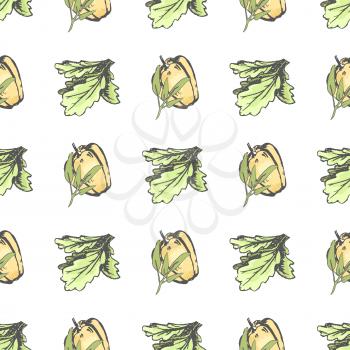 Sweet pepper and lettuce leaves isolated vector illustration endless texture. Organic vegetables from farm in seamless pattern.