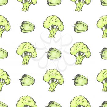 Green broccoli and sweet pepper formed in endless texture. Fresh ripe organic vegetables vector illustrations seamless pattern.