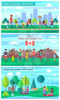 June 5 World Environment Day promotional posters. Connecting People with nature vector illustrations. Characters rest and work out on nature.