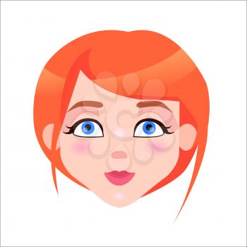 Young woman calm face icon. Pretty redhead girl with flush and blue eyes composure facial expression isolated flat vector. Female cartoon portrait illustration for women positive emotions concept
