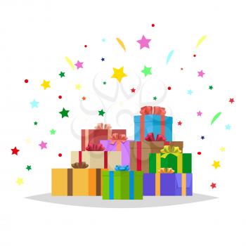 Mountain heap of gift boxes and bright sparkles behind them. Bunch of colorful presents of different shape on white with stars around them. Isolated vector illustration in flat cartoon style