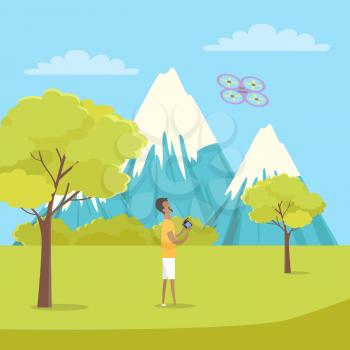 Boy in orange t-shirt and white shorts plays with flying quadrocopter near green trees and mountains on background. Vector illustration of male person spending summer time outdoors on fresh air