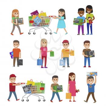 Children with purchases set of icons on white. Male and female children hold packages and boxes in hands and in trolleys. Vector colourful poster in flat style of smiling kids with toys and gifts