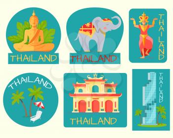 Thailand poster of cards with symbolic signs. Vector illustration of grey elephant, statue of Buddha, palms and sunbed with beach umbrella, modern building and standing statue with inscriptions