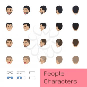 People characters set of turned heads with dark and light hair with positive and negative emotions, with and without beard on faces, glasses collection under. Vector poster of men s face collection