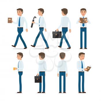 Businessman character collection with brown closed and open book, black bag, dark umbrella and yellow cup on white. Vector poster of man in light shirt, blue tie and trousers in standing and going