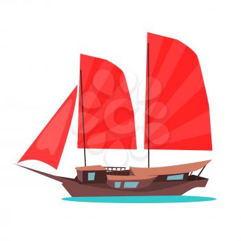 Traditional wooden junk ship icon. Asian sailing ship with red sail flat vector isolated on white background. Oriental ancient merchant boat. Tourist sailboat for travel concepts, logos, web design
