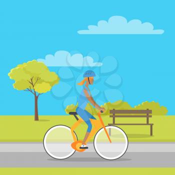 Leisure in city park concept. Woman in sport clothing and helmet riding bicycle in public square flat vector. Sport activities in open air, outdoor entertainments and healthy life style illustration