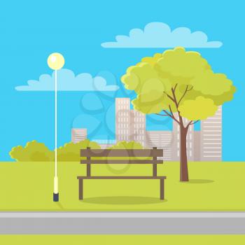 Sunny day in city park. Wooden bench near street lantern and green tree with city buildings in background flat vector. Peaceful place for rest in square illustration for urban infrastructure concepts