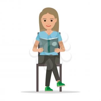 Girl isolated on white sits with crossed legs and reads open book on white. Hobby of knowing and learning new things. Vector illustration in flat style of young woman relaxing with a textbook.
