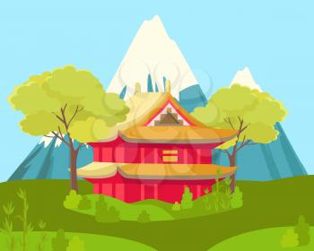 Chinese two-storey house in traditional style beside trees and on grass near snowy mountains on blue sky background. Chinese cartoon landscape picture. Vector illustration of building and nature.