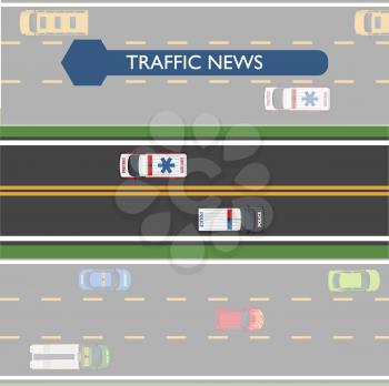 Traffic news icon with road lines and transportation on it. Vector illustration of two clearly seen lines of asphalt road with ambulance and police vehicles, and other darkened lines with transport