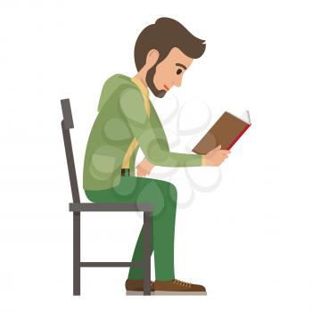 Boy reads book that holds in one hand on white. Side view of exiting process of learning by young male person. Vector illustration in flat style of boy spending spare time by reading literature