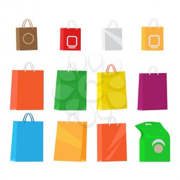 Paper packages for shopping isolated collection on white. Big and small colourful design merchandise packages with handles. Vector illustration of standing bags for carrying goods and items.