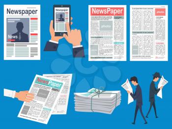 Newspapers headlines concepts set. Newspaper front page on mobile phone screen and human hands vector.  Walking people reading gazette news flat illustration. Bound bundle of newssheets for sale 