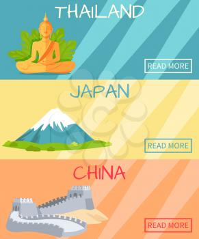Thailand Japan China web banner with traditional elements, statue of Buddha on blue background, high mountains on yellow and Great wall of China on orange. Vector poster of eastern countries landmarks