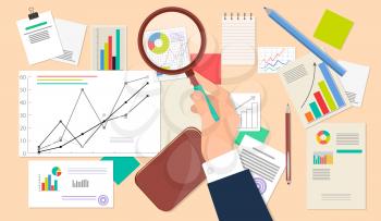 Business analyst, financial data analysis on beige background. Vector illustration of businessman with magnifying glass is looking financial reports. Many paper sheets with charts and diagrams on desk
