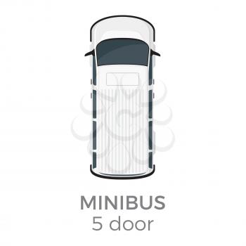 Five doors minibus top view icon. White minivan from roof view flat vector isolated on white background. Personal passenger transport illustration for urban transport concepts and infographics design