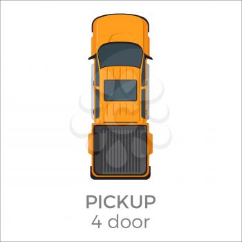 Four door pickup top view icon. Passenger truck with raised passableness flat vector isolated on white background. Commercial vehicle illustration for distribution logistic concepts and infographics