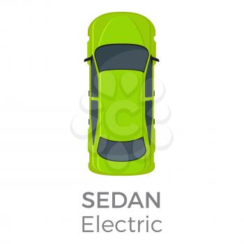 Electric sedan top view icon. Modern passenger car roof view with text flat vector isolated on white background. Personal pasenger vehicle illustration for urban transport concepts and infographics 