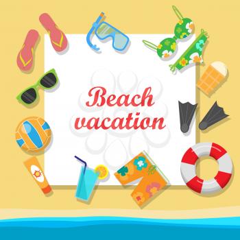 Beach vacation vector concept with place for text. Leisure on seacoast. Coastline with stuff for summer resting and entertainment on sand. For travel company ad, vacation concept, web design