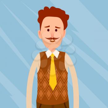 Caucasian man with curly hair and whisker close-up portrait on glass blue background. Red-haired male dressed in white shirt, brown jerkin and yellow necktie vector illustration in cartoon style.