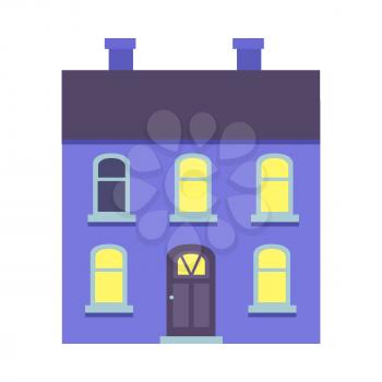 Vector illustration of isolated cartoon blue house with two floors on white. Colourful xmas building with dark roof and two chimneys and some yellow lighted windows. Architecture in city in flat
